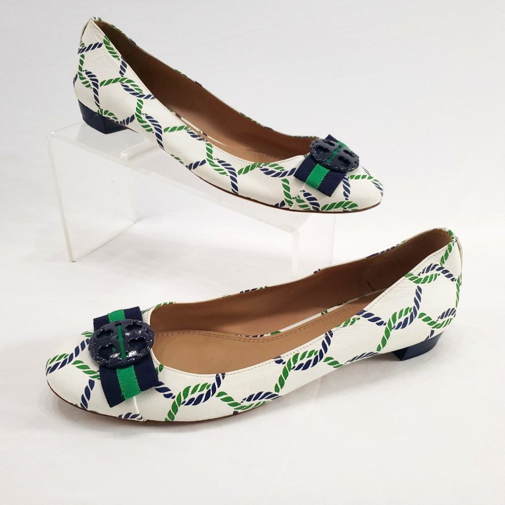 Tory Burch Maritime Ballet Flats Isle Ropes / Navy Sea 35428 Sz 10.5 White Green